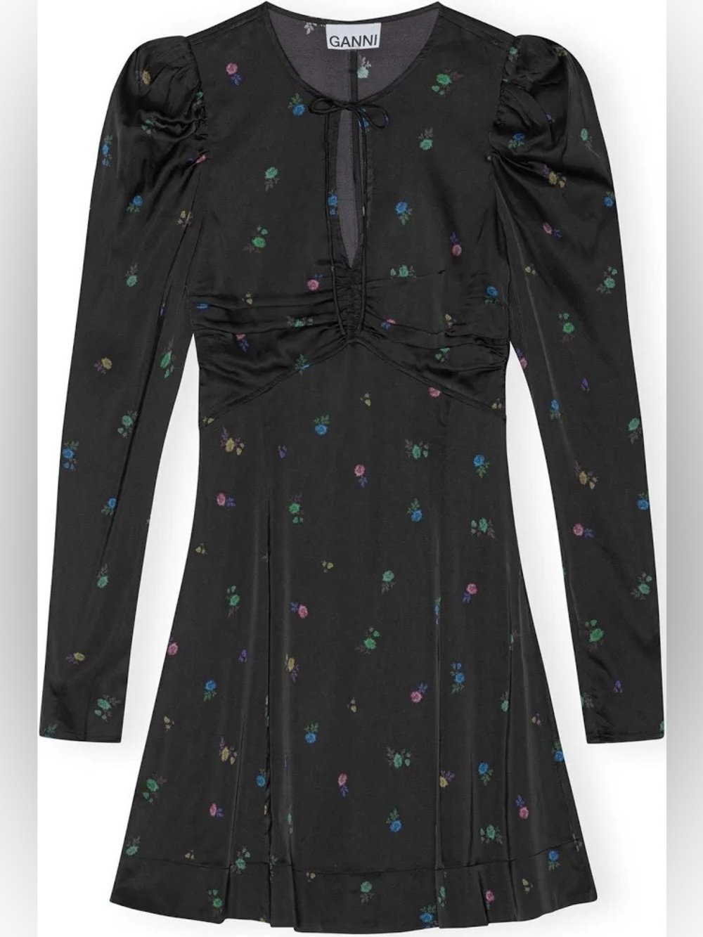 GANNI Black Floral V-Neck Long Sleeve MiniDress